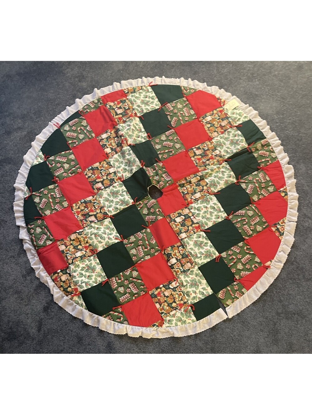 Handmade Quilted Christmas Tree Skirt w/ White Laced Edge,  60" Diameter